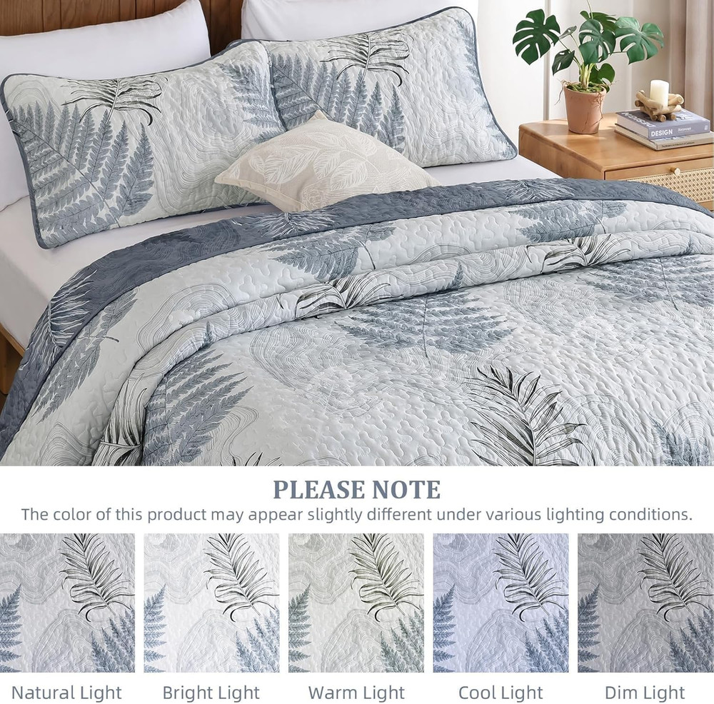 Blue Quilts Set Queen Size, Botanical Bedspread Bedding Set Floral Leaf Pattern