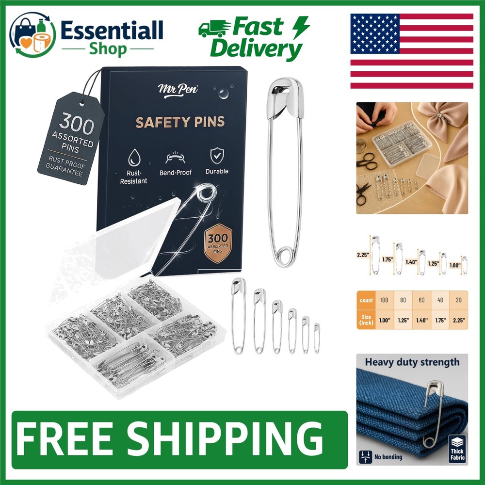 Durable 300 Count Safety Pins - Assorted Sizes with Storage Box for Easy Use