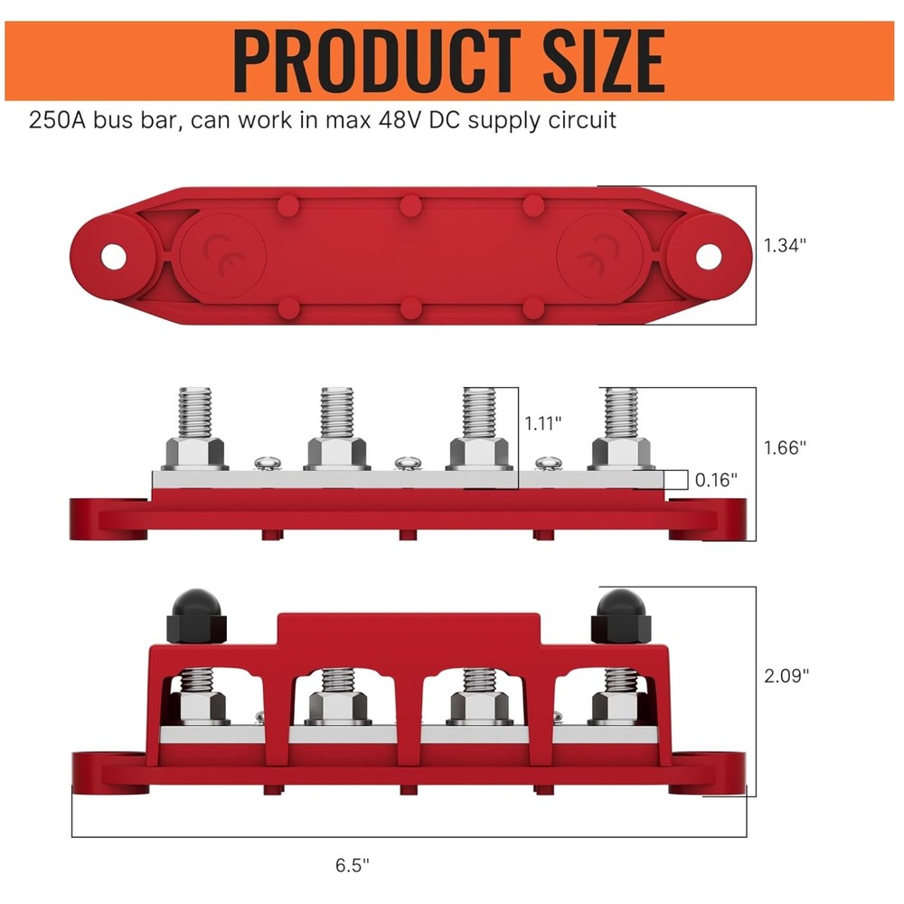 Bus Bar 12V Power Distribution Block - 4 x 3/8" Studs