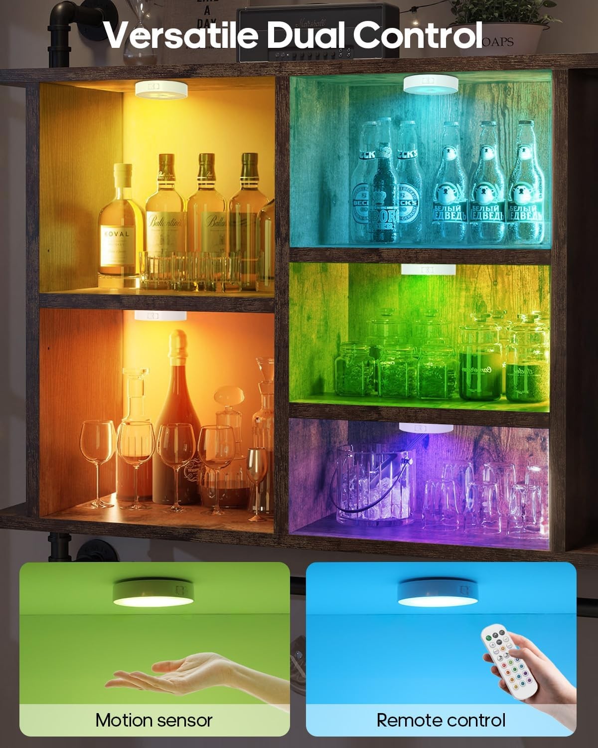 6Pcs RGB Rechargeable Puck Lights with Remote,16 Color Motion Sensor Puck Lights