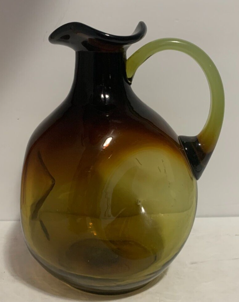 Handblown Glass Decorative Pitcher, Indented Design, Brown/Ambe