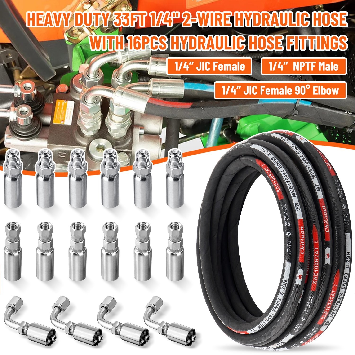 33FT 1/4" Hydraulic Hose w/ 16 Fittings (JIC Female & NPTF Male & JIC Female 90°
