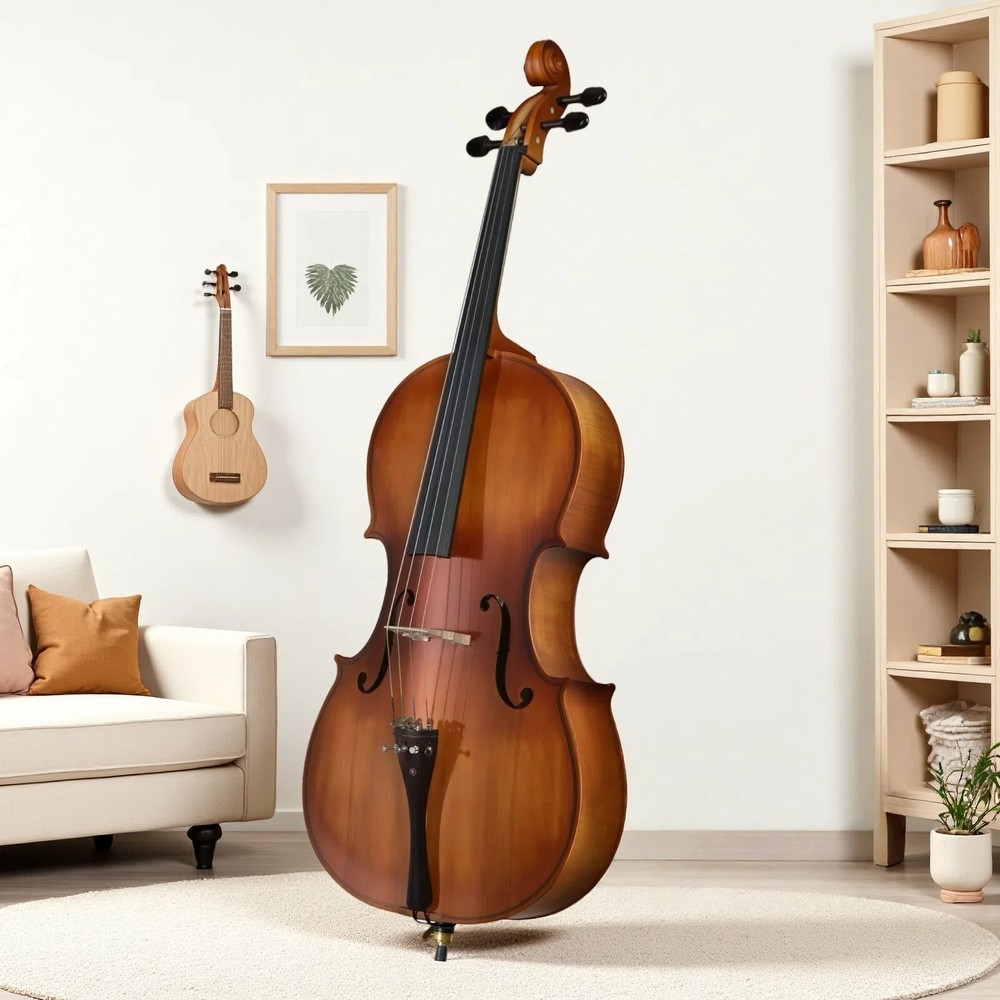 4/4 Full Size Solid Spruce Top Beginner Acoustic Cello Set - Bag Antiqued Bow