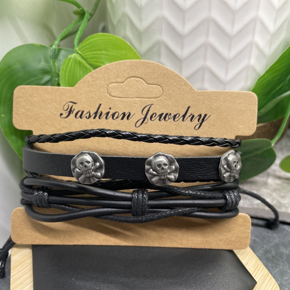 2 PC Leather Bracelet Set Stackable Adjustable Tie New Free Ship B7507
