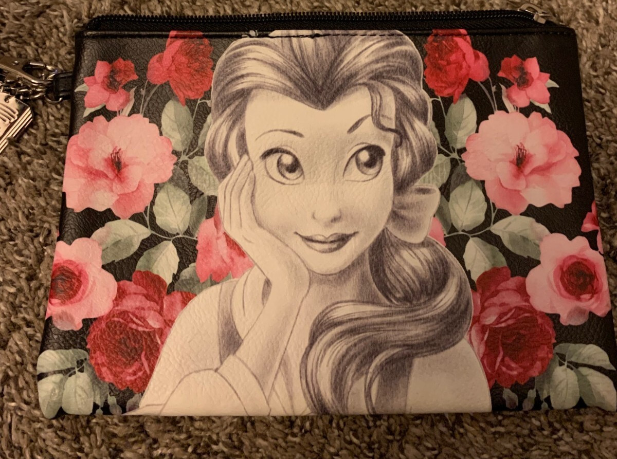 Loungefly Bag Disney Beauty and the Beast Makeup Bag with Rose & Book Charms 8"