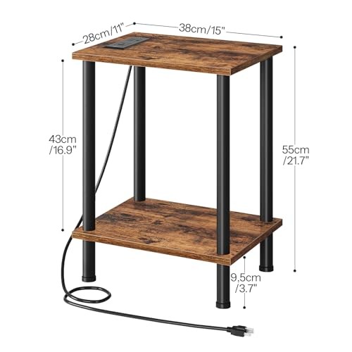 Side Table with Charging Station, Small End Table with 1 Rustic Brown + Black