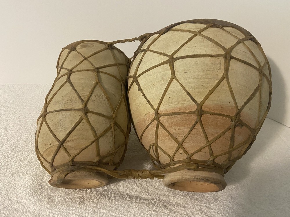 Vintage Terracotta Clay & Hide Double Bongo Drum Rustic Primitive Folk Art