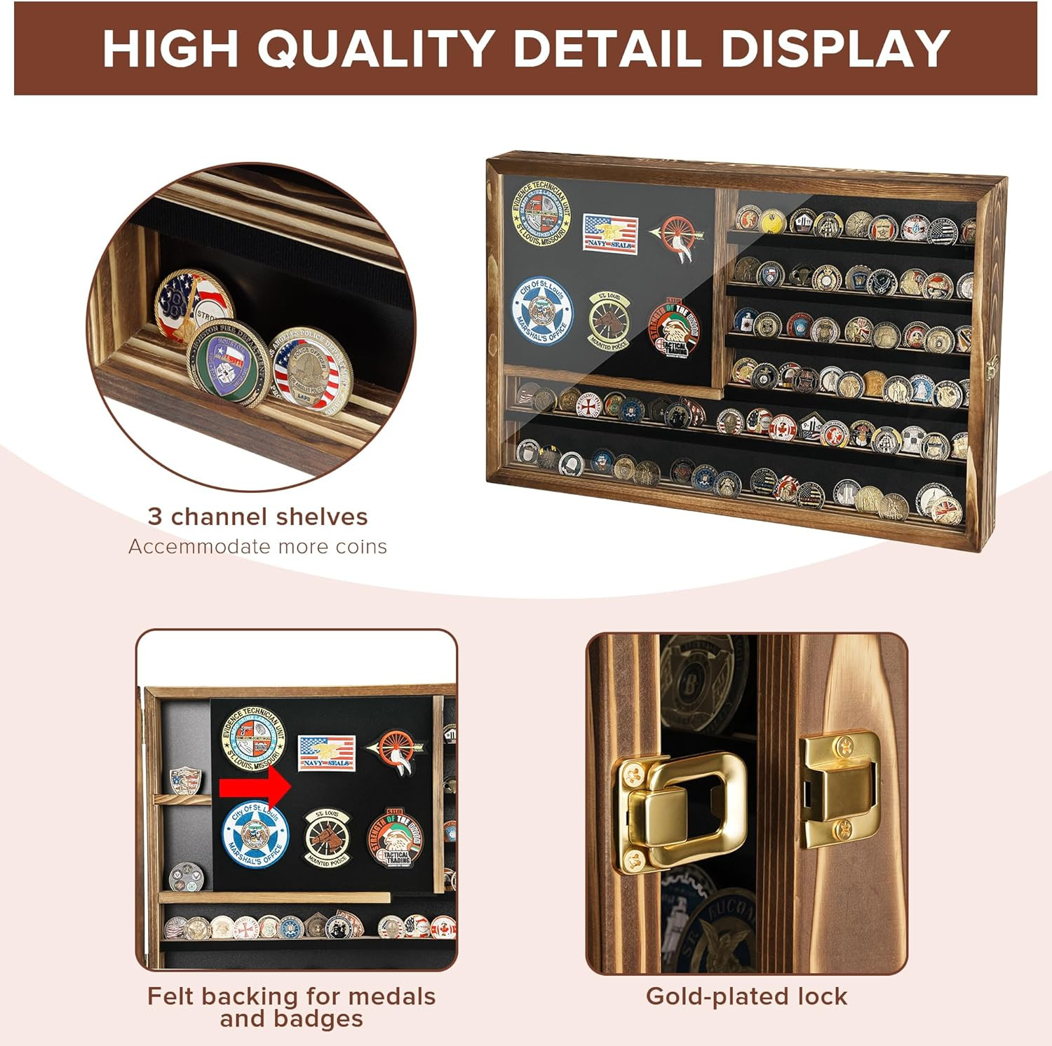 Challenge Coin Display Case, 27.6"X 18.1"Lockable Military Coin Holder with Remo