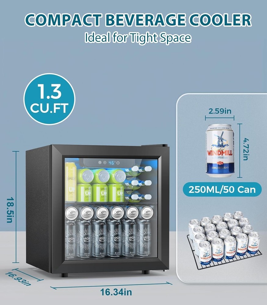 Compact 1.3 Cu.ft Beverage Refrigerator - Holds 50 Cans, Adjustable Temp Control