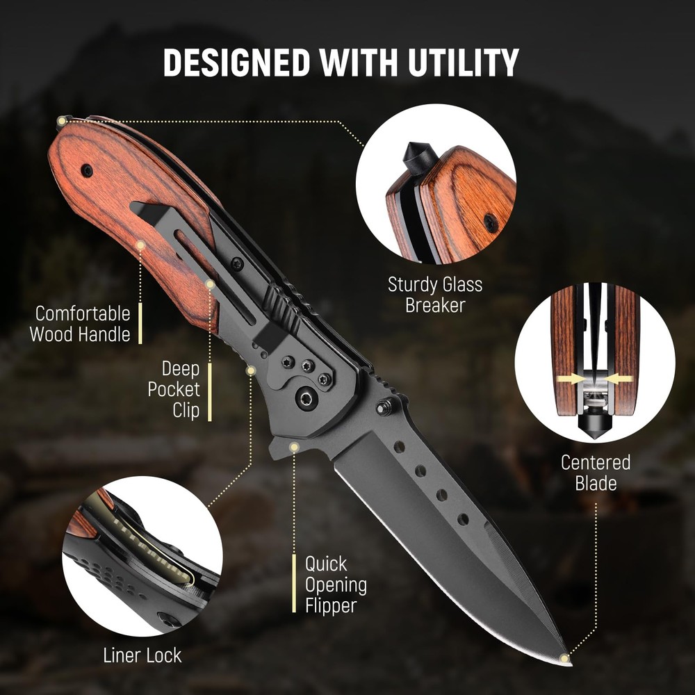 Pocket Knife for Men - Sharp Blade Wood Handle Pocket Folding Knives with Cli...