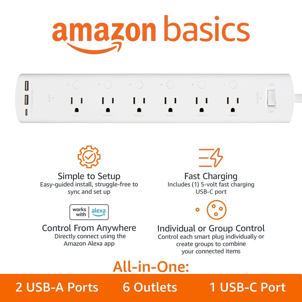 Amazon Basics Smart Plug Power Strip with 6 Individually 1 pack, White