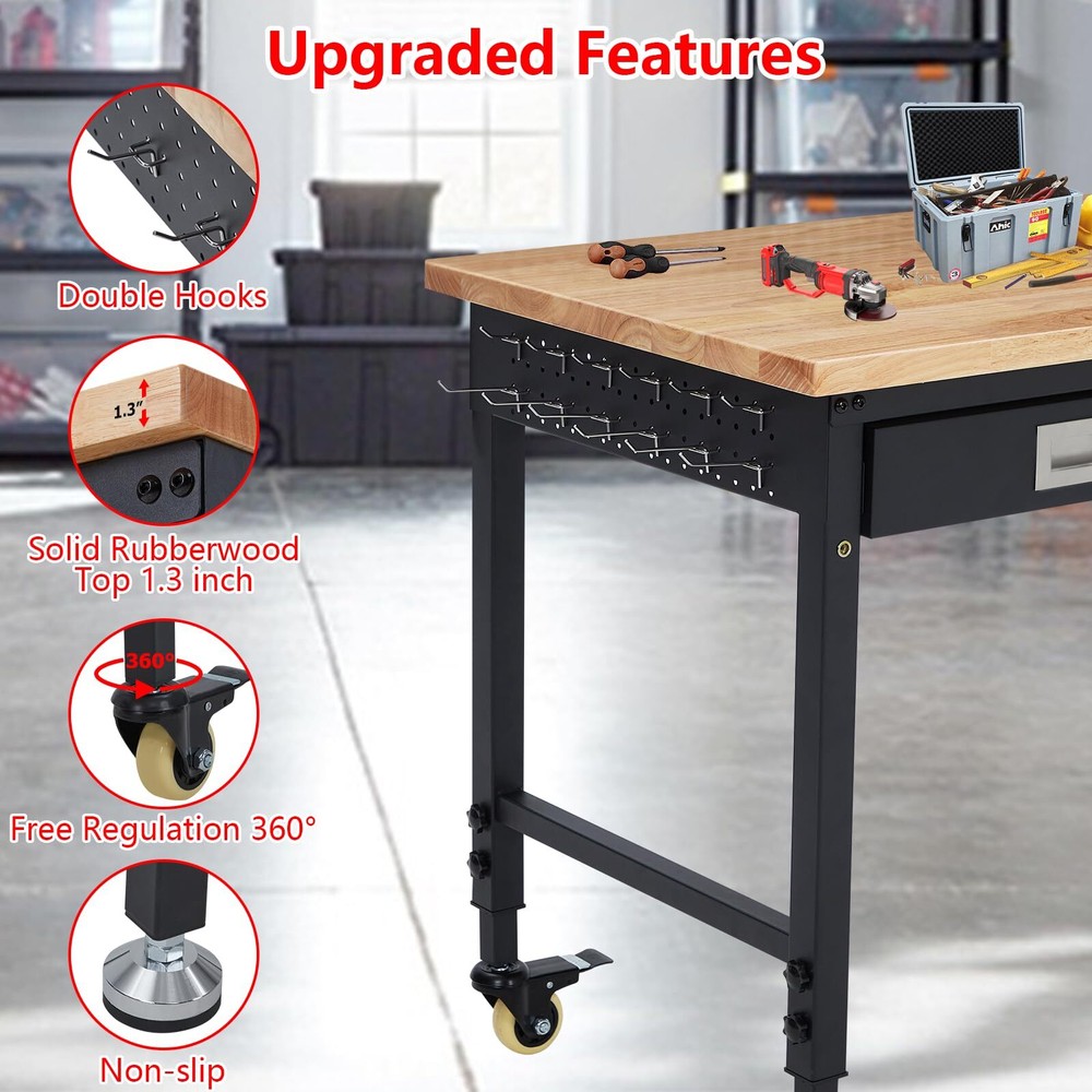 ✅48" Workbench Rubber Wood Top Workstation with Drawer & 4 Rolling Casters 2000