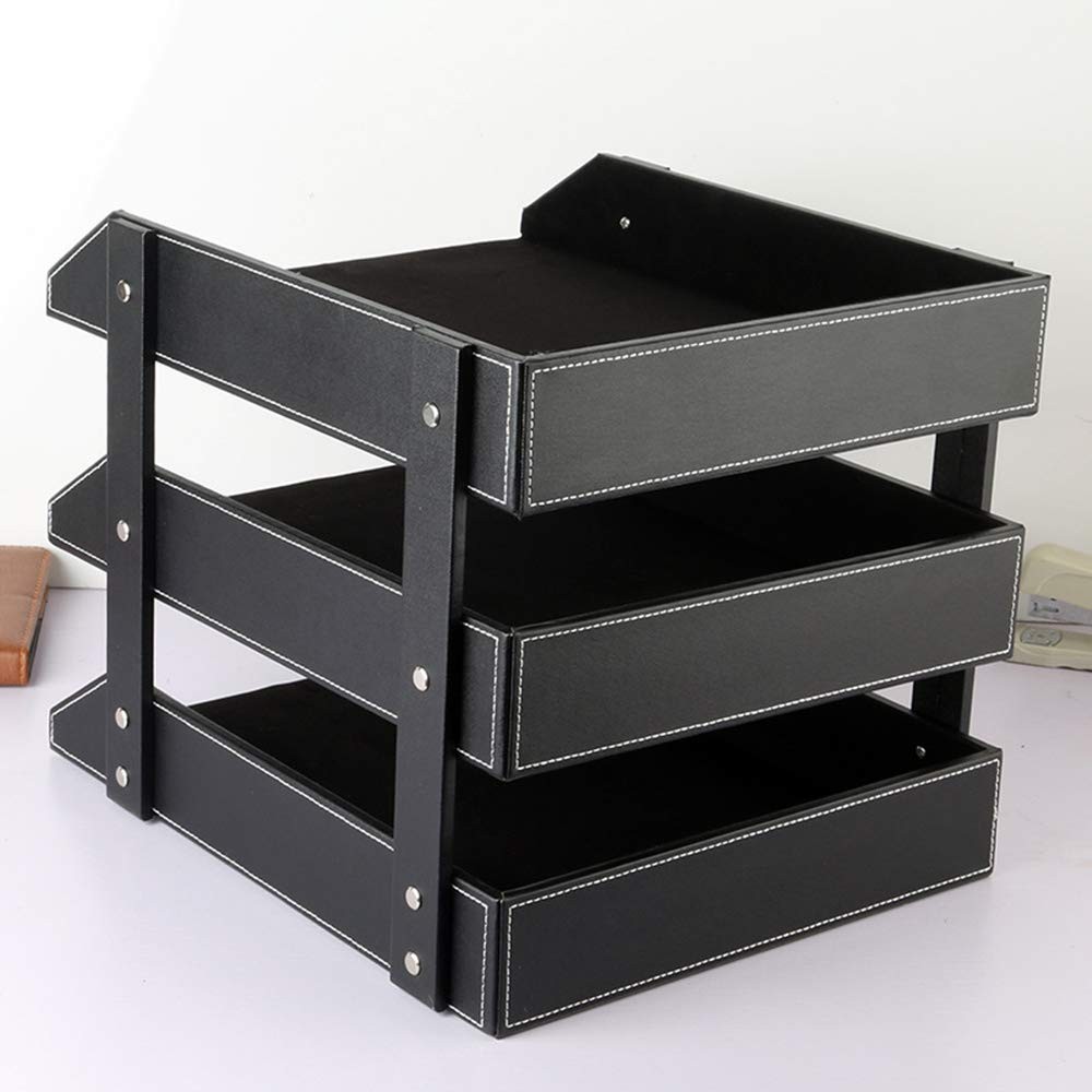 Leather Desk File Organizer 3Layer Stackable Tray Stationery Storage Black