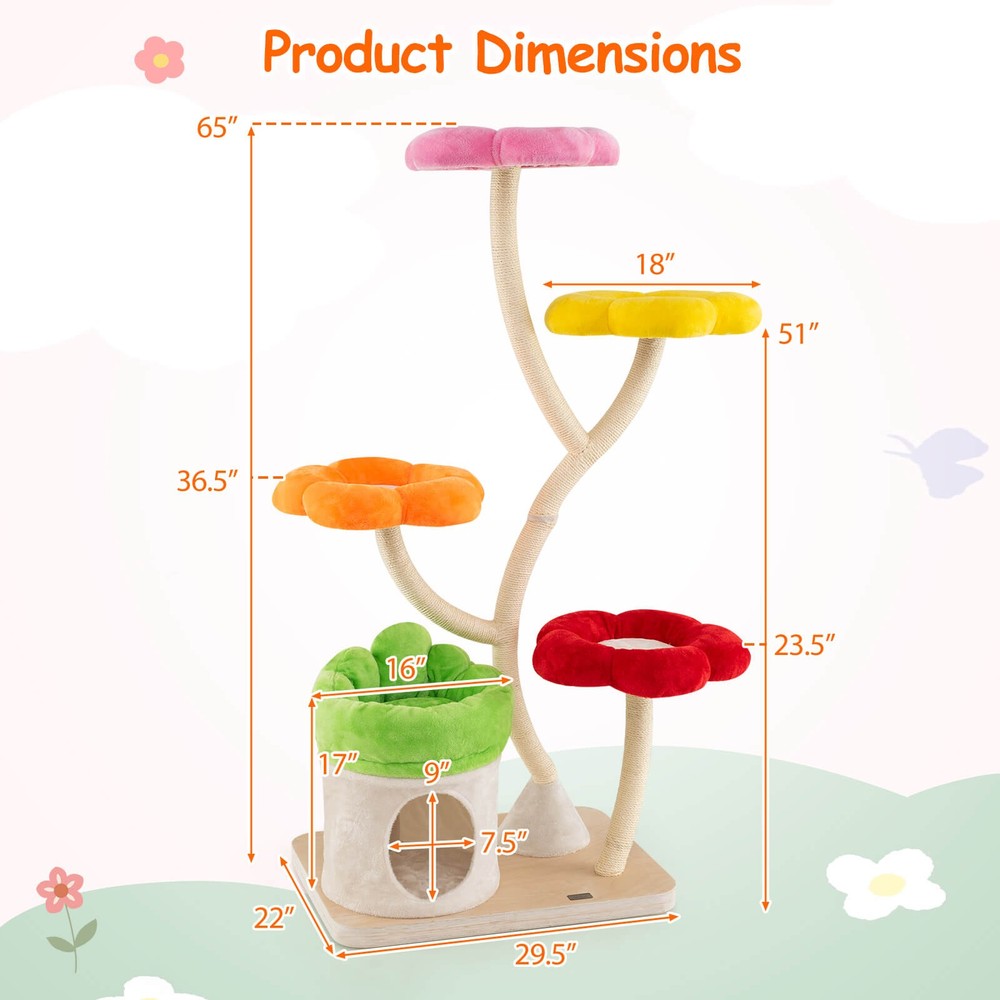 64" Multi-layer Cat Tower w/4 Colorful Flower-shaped Platforms Scratching Posts