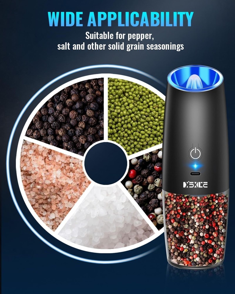 USB Rechargeable Spice Grinder Set with LED & One-Hand Operation - Black 2-Pack