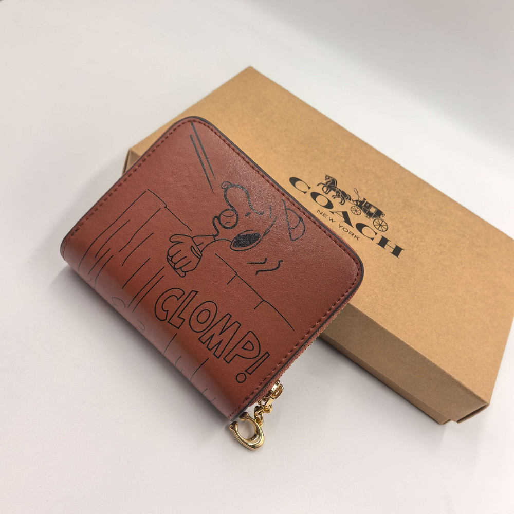 Coach x Snoopy Print Cartoon Pattern Medium Zip Wallet Brown