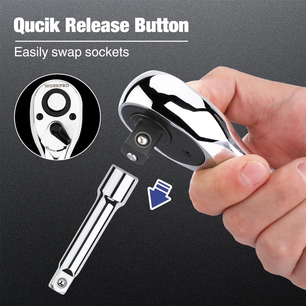 WORKPRO 3PC Stubby Ratchet Set Quick Release 1/4" 3/8" 1/2" Drive Ratchet Handle
