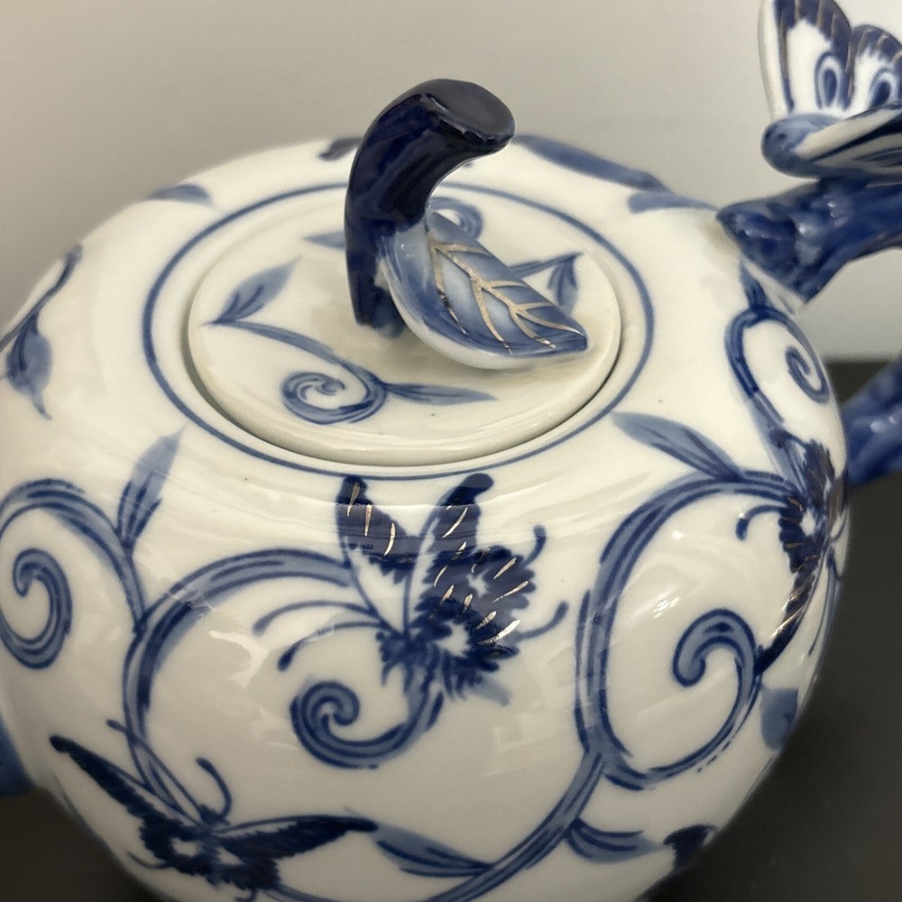 Bombay China Blue on White Teapot With Silver Accent Butterfly Pattern