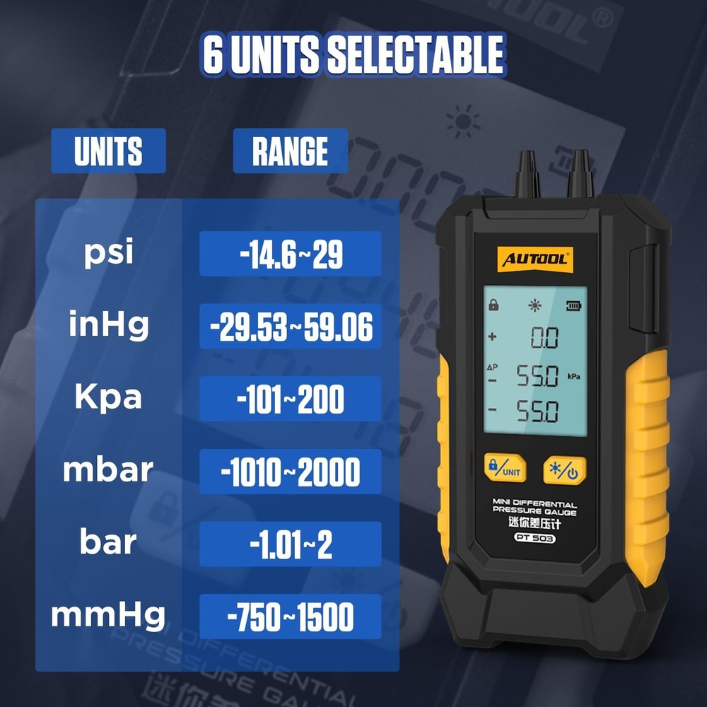 AUTOOL Manometer Gas Pressure Tester, Digital Manometer HVAC, 6 Units Differe...