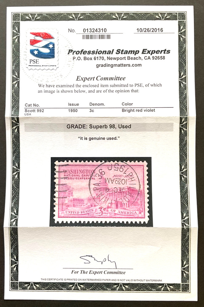 #992 Used, PSE Graded 98, PSE Cert # 01324310