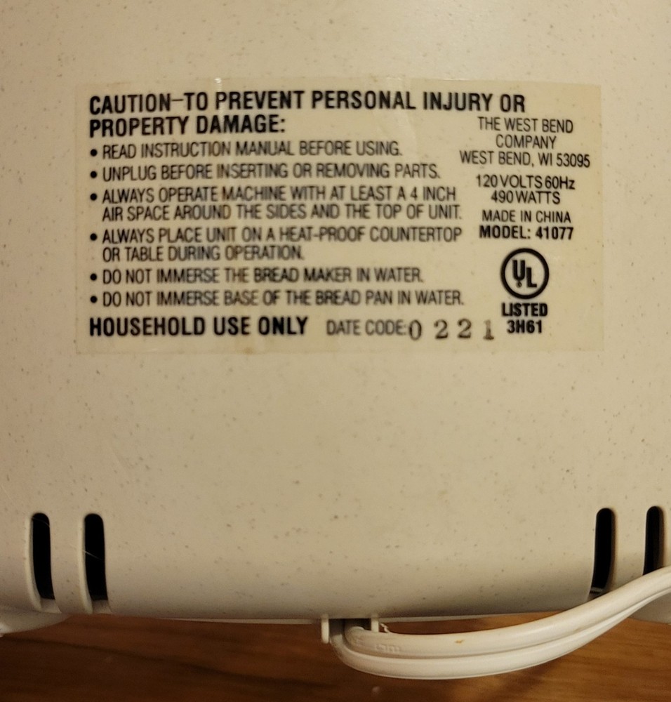 West Bend Bread Machine "Just For Dinner"