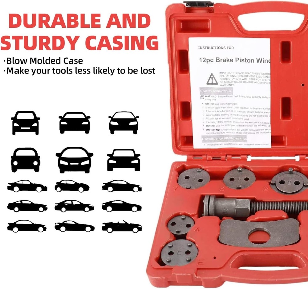 12Pcs Car Disc Brake Caliper Rewind Tool Piston Compressor Wind Back Repair Kit