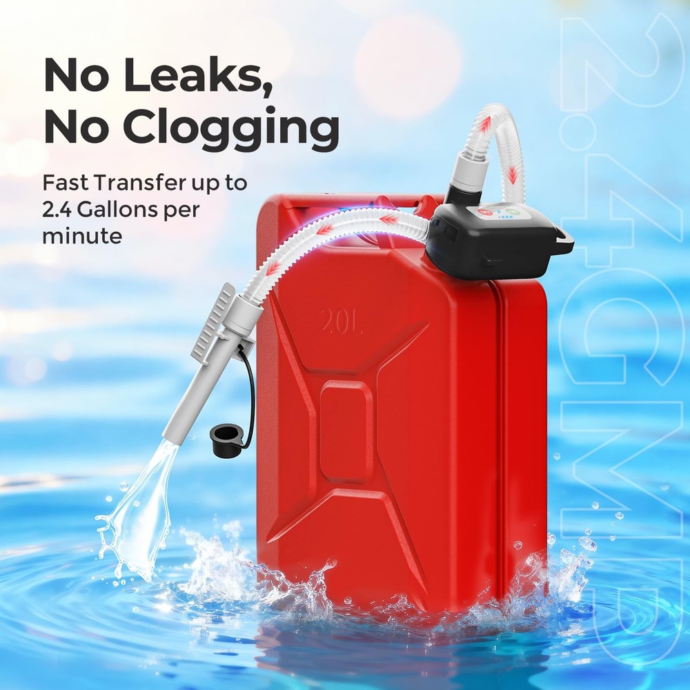 Rechargeable Fuel Transfer Pump with Auto Stop Sensor, Fast 3.2 GPM Black