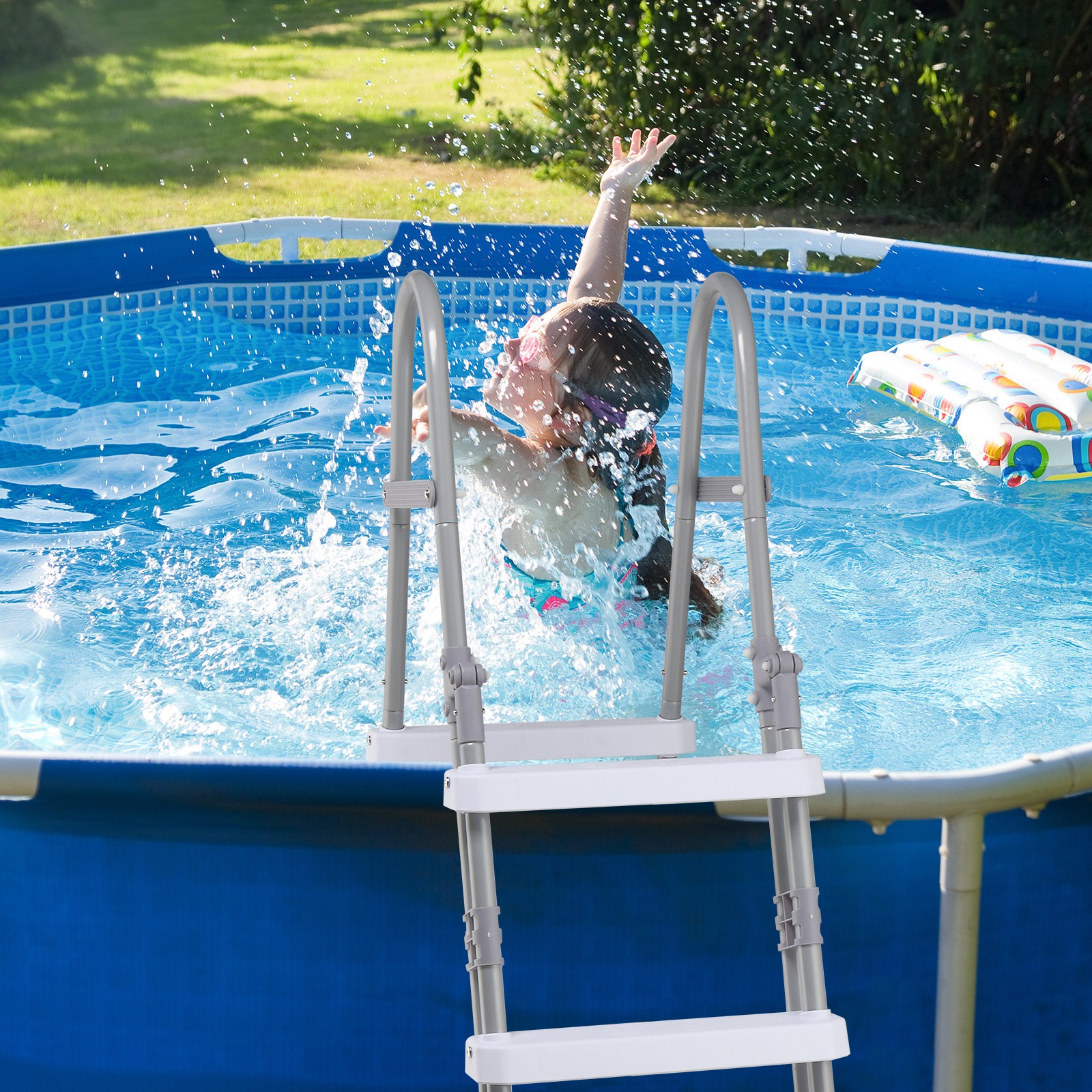 4 Steps 52in Pool Ladder Iron Grey Frame + White Steps Safety Ladder