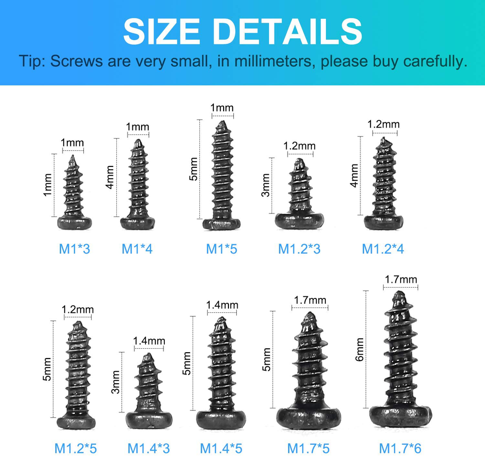 Pack of 1000 Small Multi-Purpose Self-Tapping Electronic Screws Assortment Kit