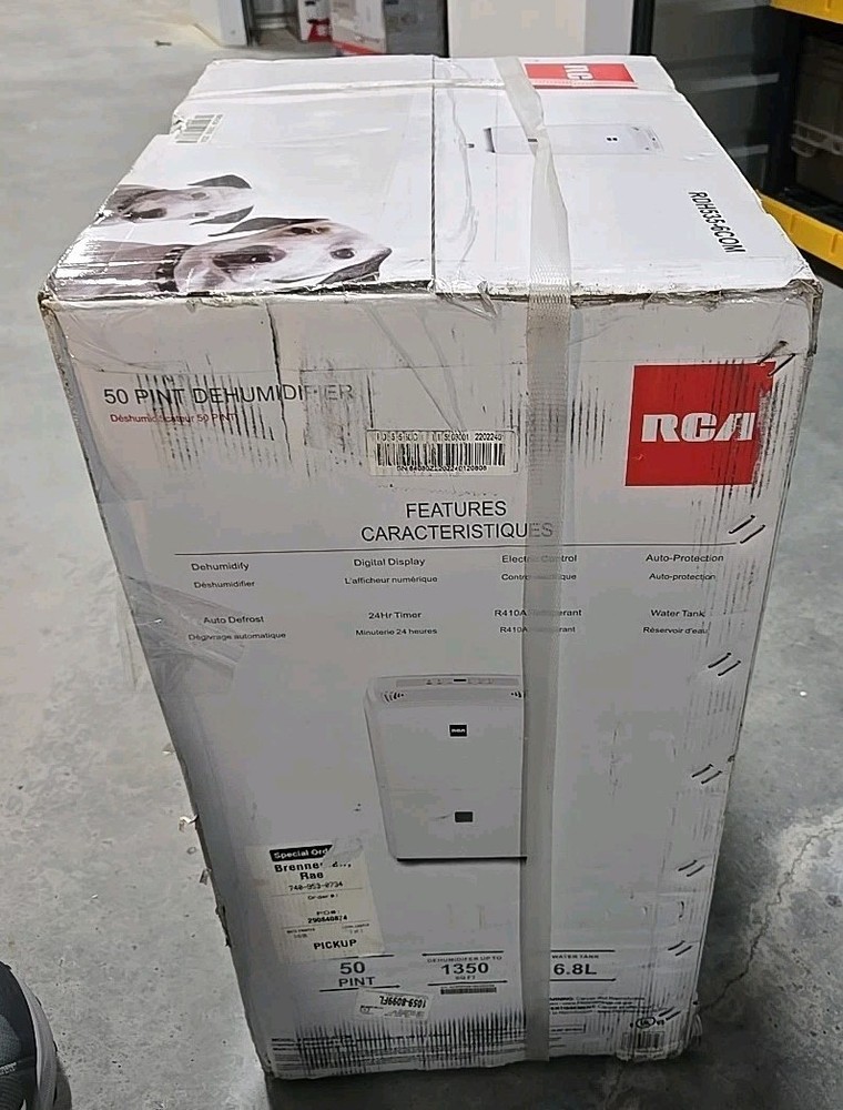 RCA 50-Pint RDH535-6COM Dehumidifier w Auto-Shutoff & Timer NEW DAMAGED BOX