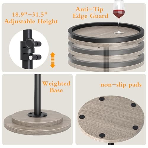 Small Side Table, Drink Table, Height Adjustable Round End Table, Pedestal Grey