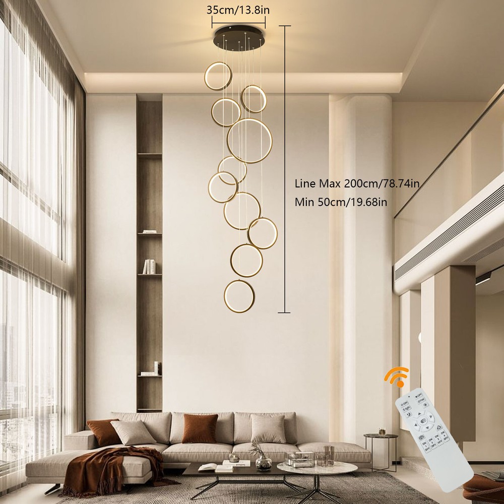 10 Rings Dimmable Black Pendant Light with Remote Control Adjustable Height New