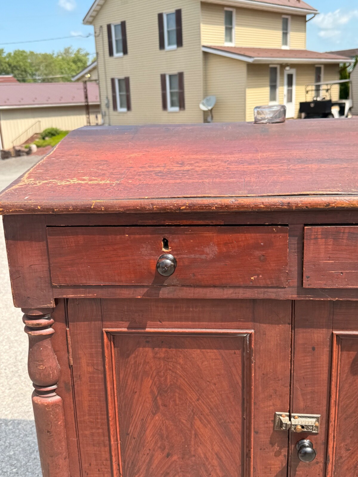 Antique paint decorated primitive country store cabinet cupboard podium folky