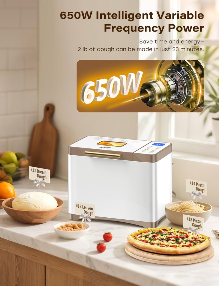 20-IN-1 Bread Maker with Custom Program, 650W Bread Machine with Nonstick Cer...