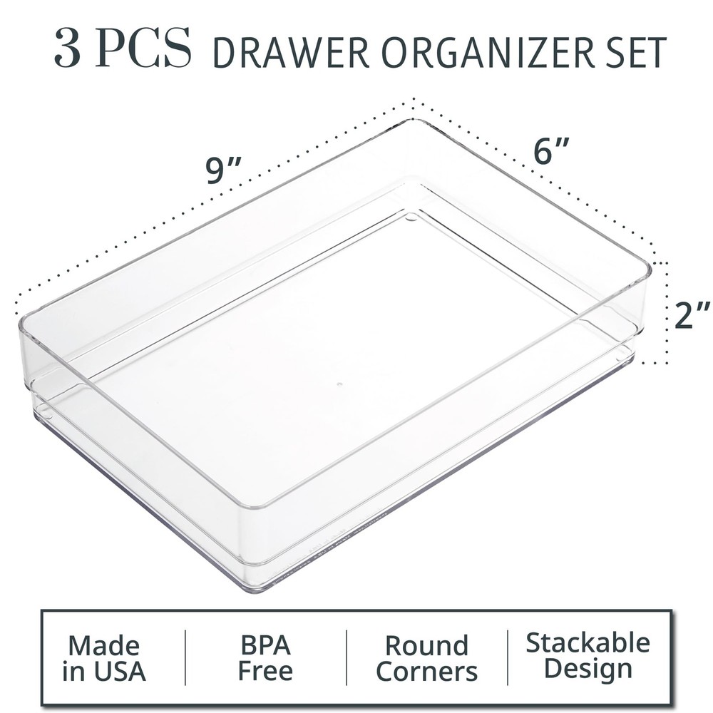 SimpleSort 3-Piece Stackable Clear Drawer Organizer Set | 9" x 6" x 2" Rectan...