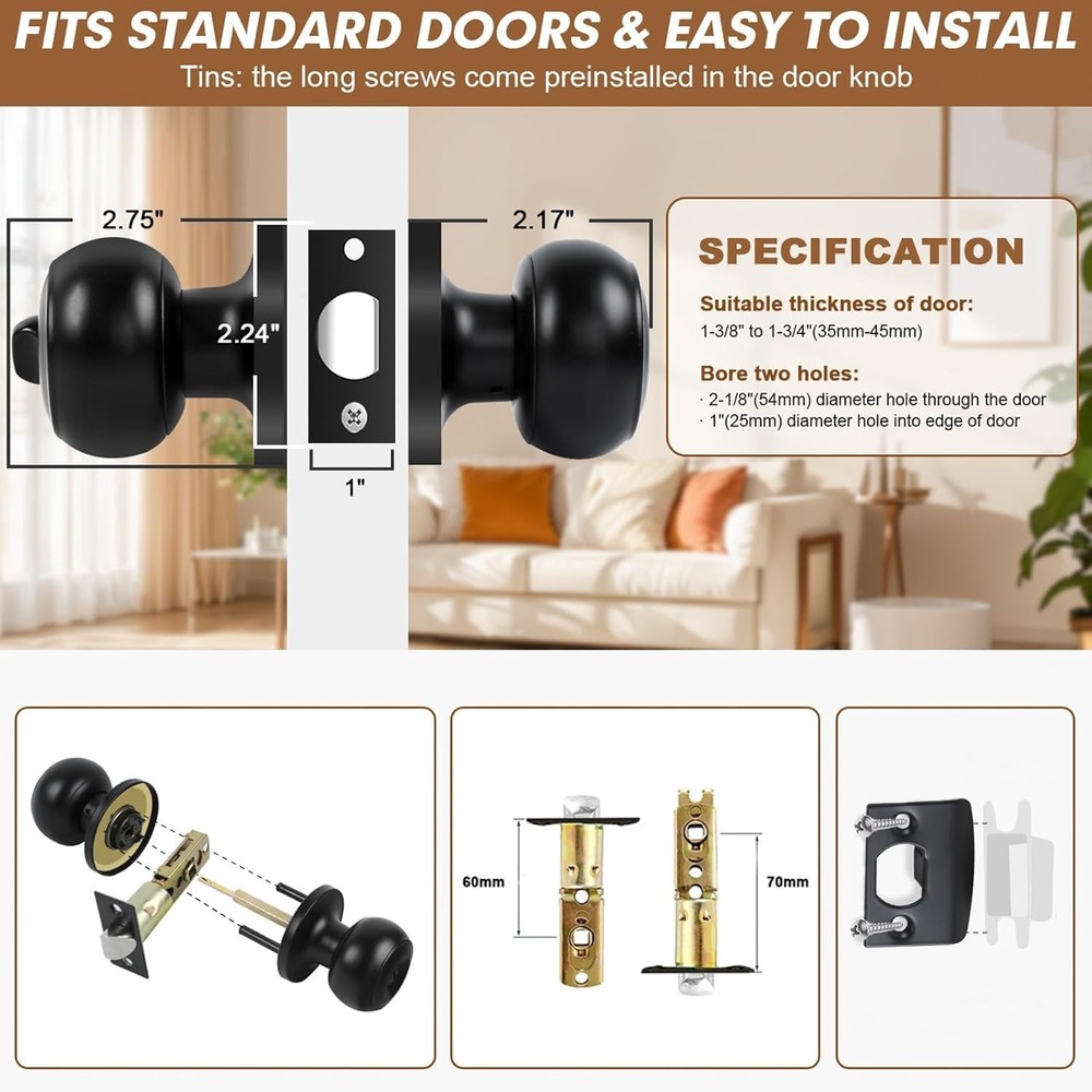 Privacy Door Knobs, 2 Pack Matte Black Door Knobs with Lock, Bed and Bath Door