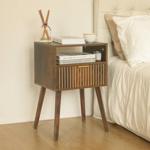 Small Nightstand with Drawer, Mid Century Modern Bedside 1 Pack Rustic Brown
