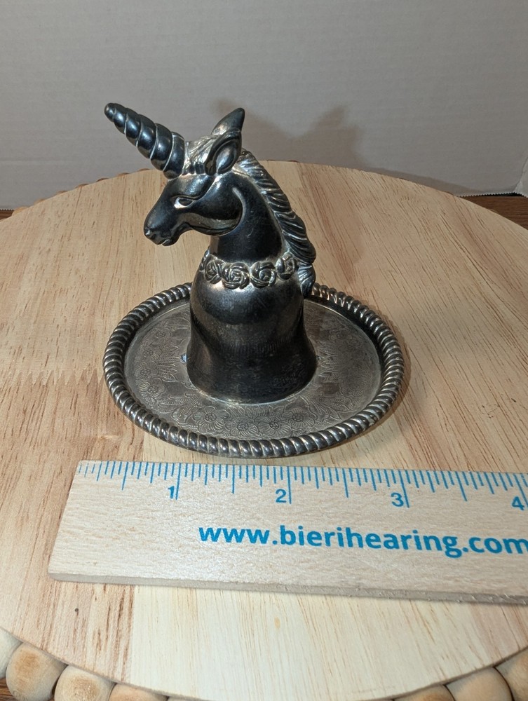 UNICORN RING HOLDER Vtg Hong Kong Silverplate Unicorn Trinket Dish Very Detailed