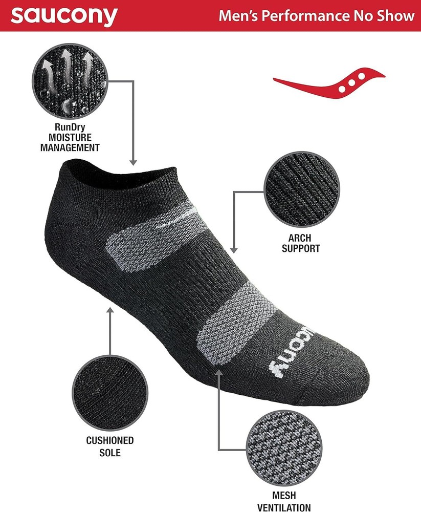 Saucony Men's Multi-Pack Mesh Ventilating Comfort 8-12, Black Basic (6 Pairs)