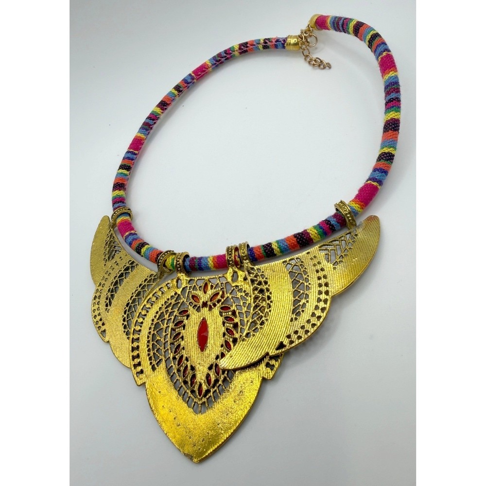 Boho Statement Bib Necklace Fabric Wrapped Chain Rhinestones Cabochons