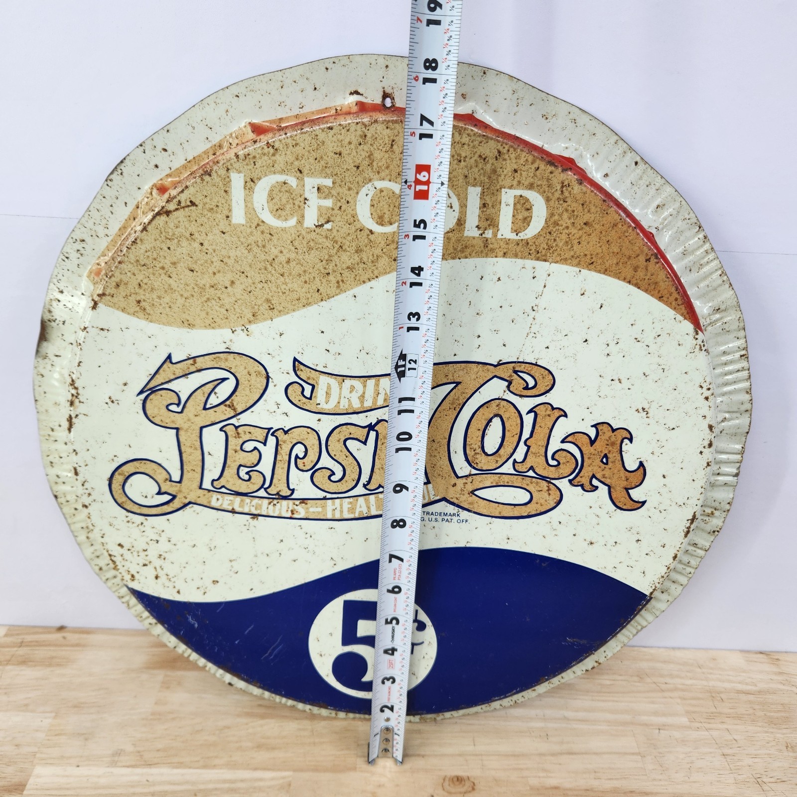 Vintage Pepsi Cola Metal Bottle Cap Sign 18"