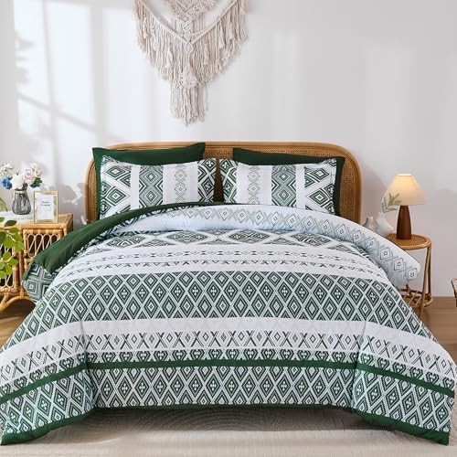Green Comforter Set Size 7 Pieces,Boho Aztec Comforter with Queen Dark Green