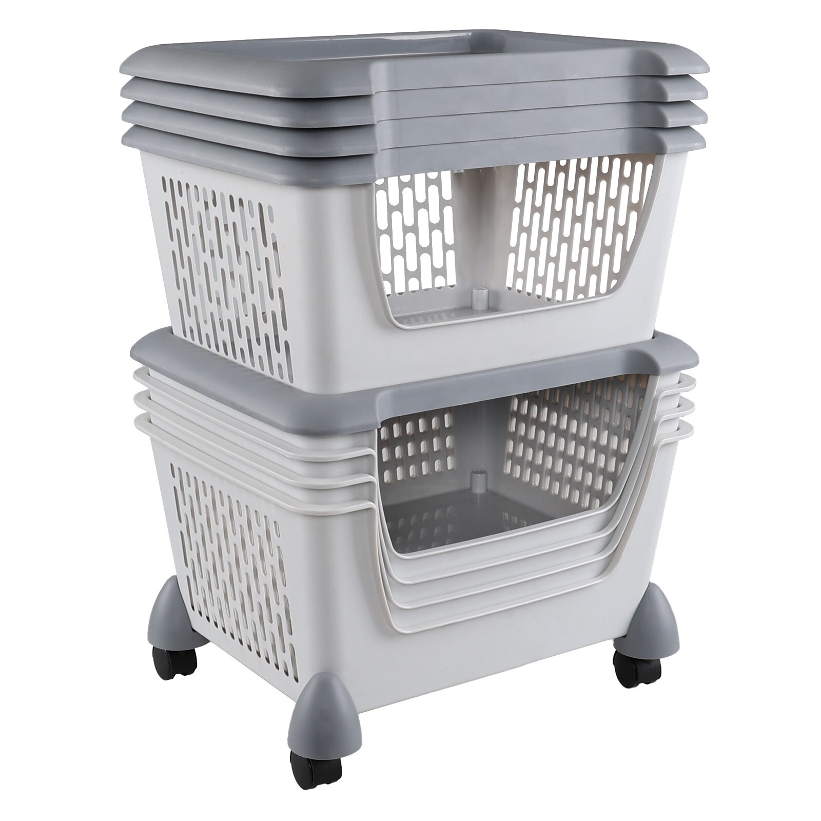 Idotry 5pcs Plastic Stackable Storage Bins - Gray Large Storage Basket w/ Wheels