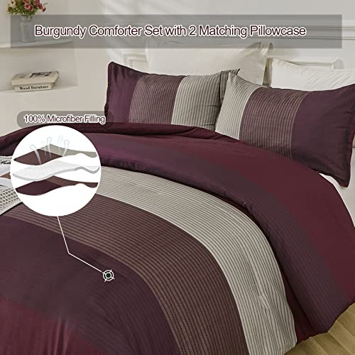 Comforter Set Reversible Stripe Down Alternative Comforter for Queen Burgundy