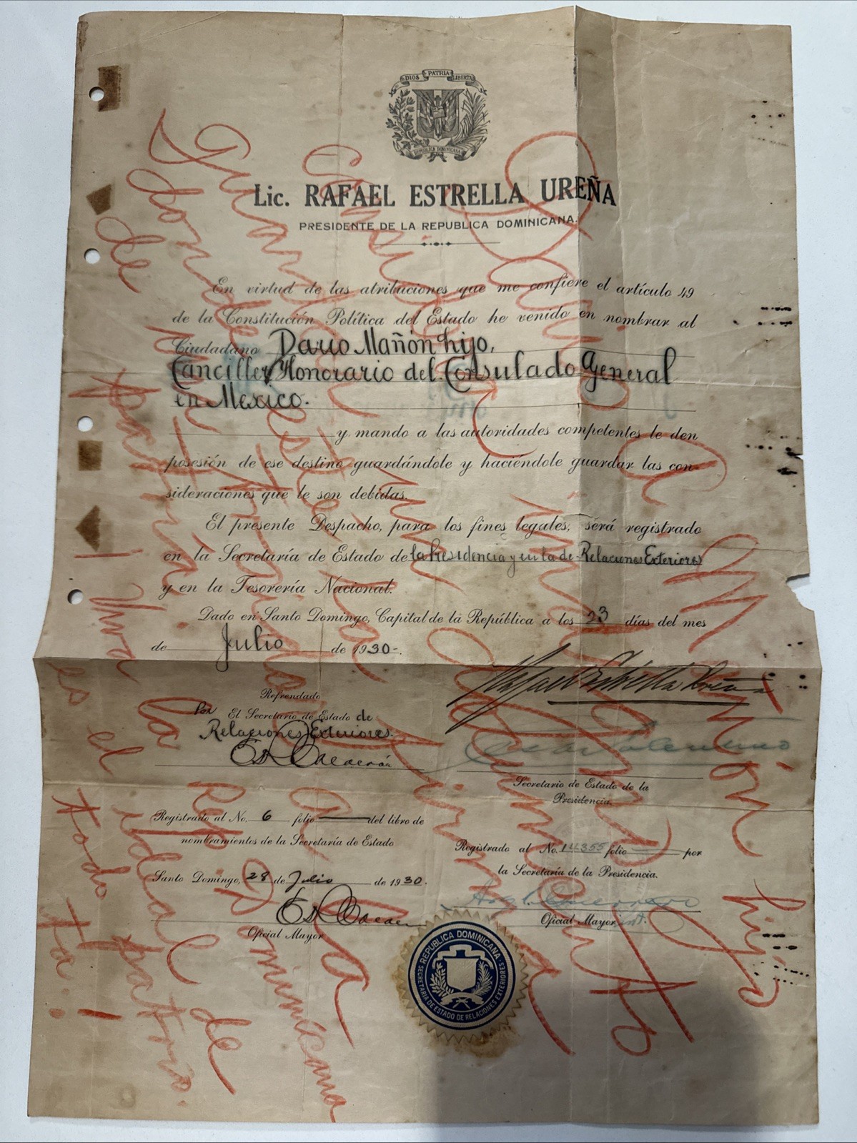 1930 Signed Document Rafael Estrella Ureña.