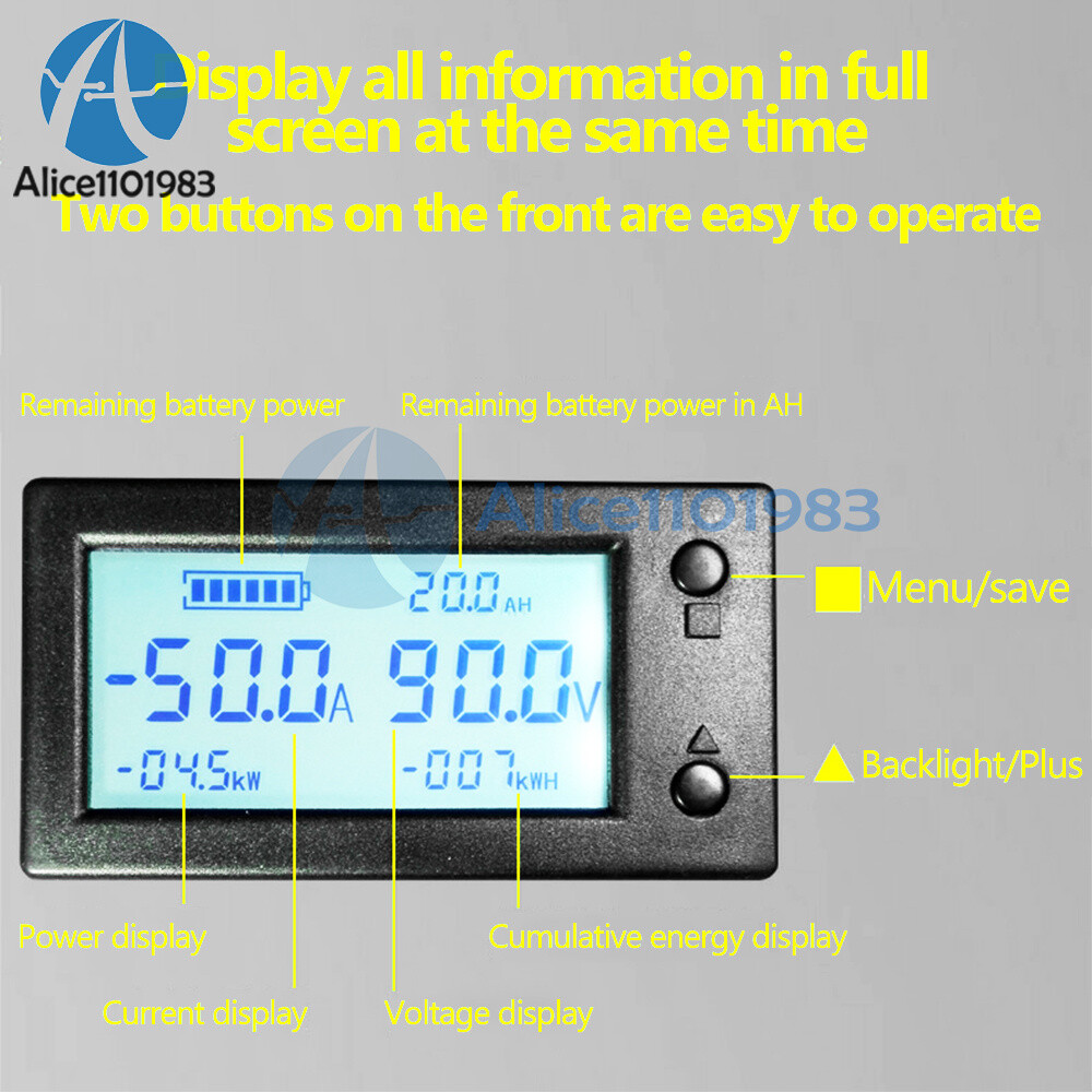 DC 0-300V 50A/100/200/400A LCD Hall Effect Coulometer Voltmeter Ammeter Sensor