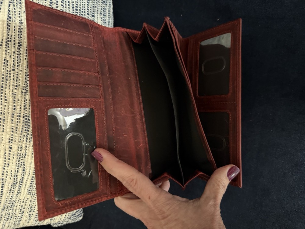 Red Floral Embossed Leather Wallet with RFID Blocking