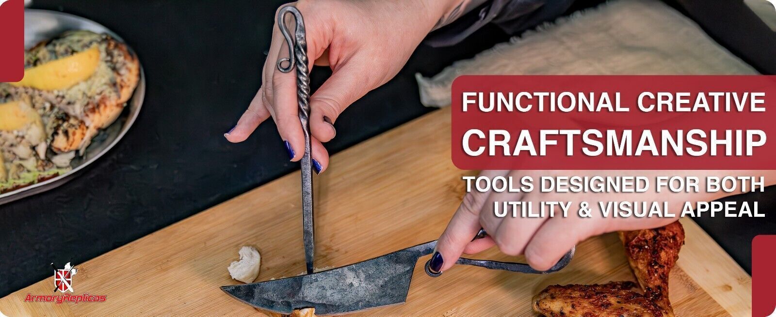 Forged Iron Functional Outdoor Camping Grilling Skewer & Knife Set w/ Sheath