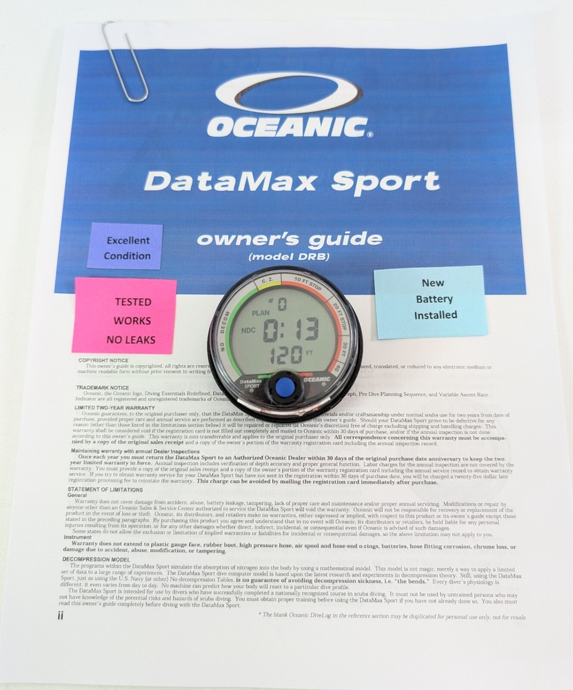 Oceanic Datamax Sport Puck Scuba Dive Computer + Manual NICE!!! #5258