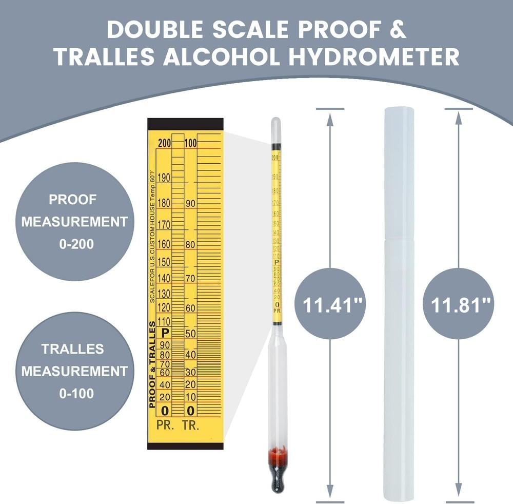 Hydrometer Alcohol Meter, 0-200 Proof and Tralle...